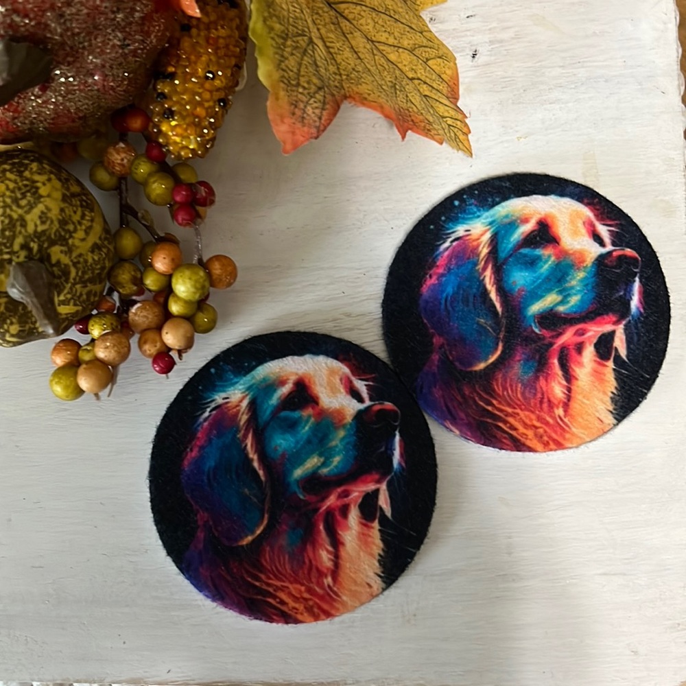 2pcs Rainbow Golden Retriever Dog Absorbent Car Cup Holder Coaster Mats